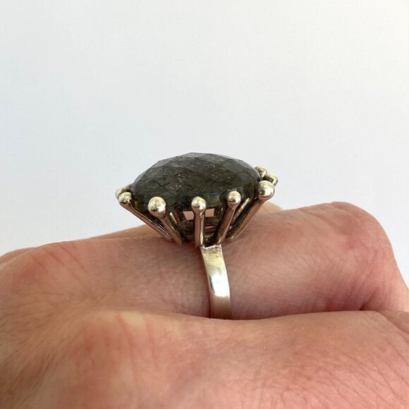Sterling Silver 925 Large Round Faceted Tourmalated Quartz Cocktail Ring Sz 6.75 - Picture 2 of 16